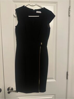 Calvin Klein Black Midi Sheath Dress with Gold Accent